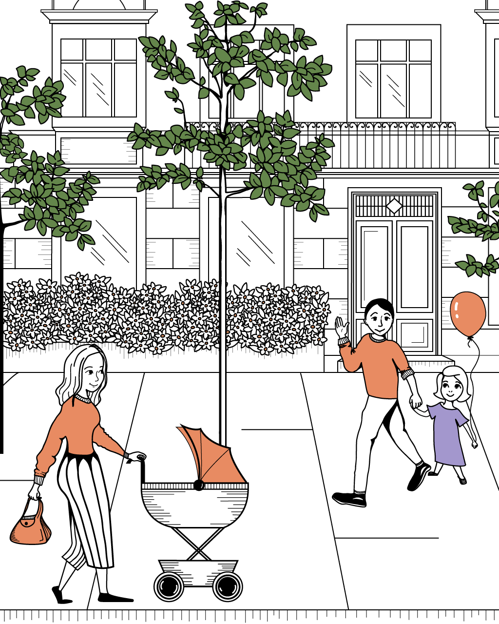 Ilustracja przedstawiająca rodzinę robiącą zakupy w pobliskim sklepie